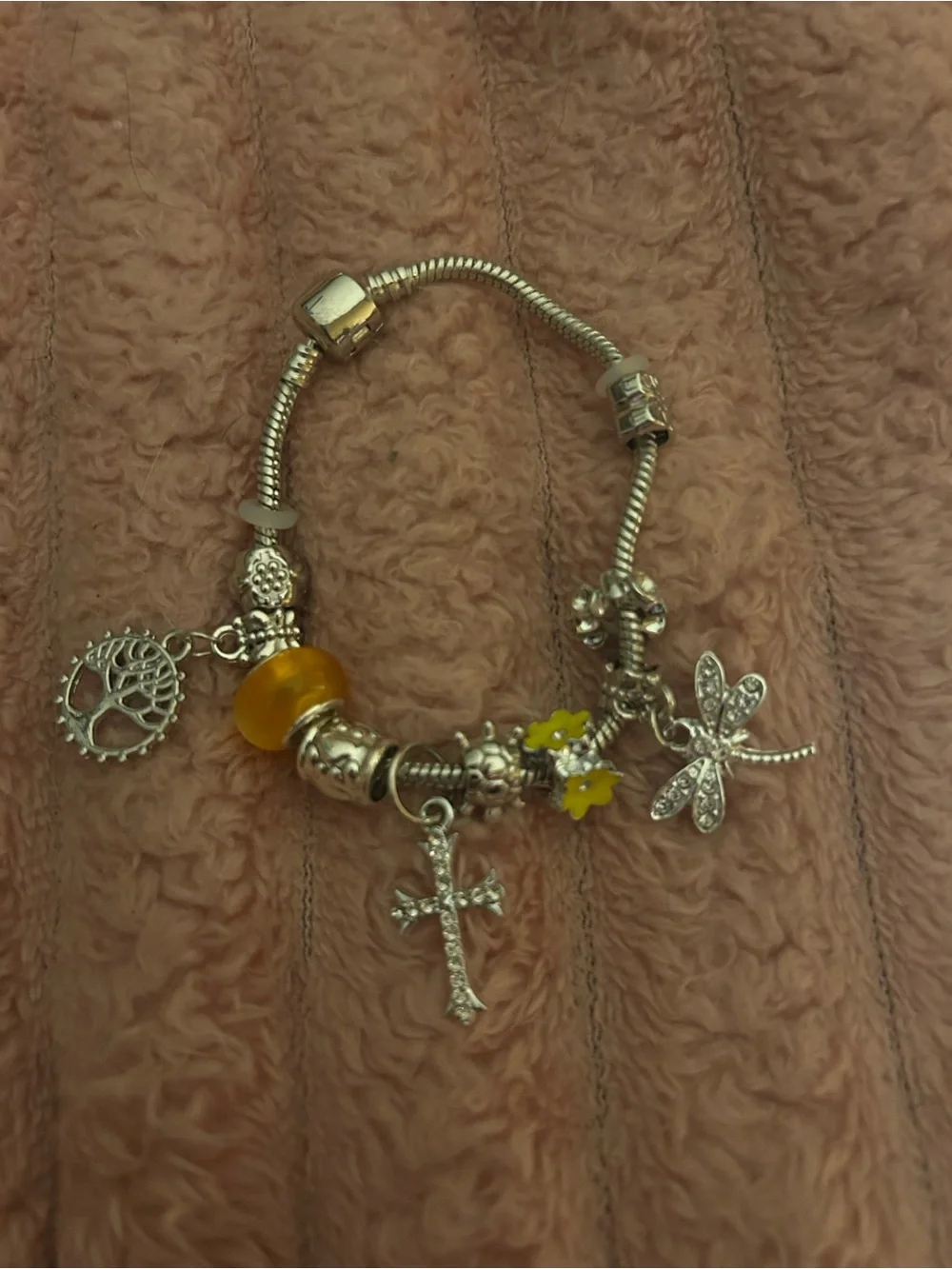 Silver Charm Bracelet with Yellow Bead and Dragonfly Charm